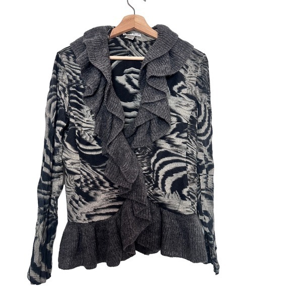 Alberto Makali gray animal print drapery ruffle cardigan sweater size M‎ - Picture 1 of 8